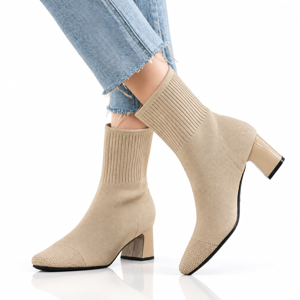 Women's stretch knit mid-calf sock boots with chunky heel