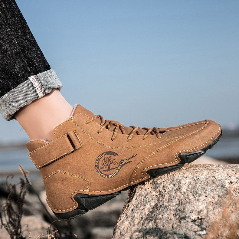 Bootara Men's High-Top Winter Suede Martin Boots with Warm Fleece Lining Handmade Casual Boots