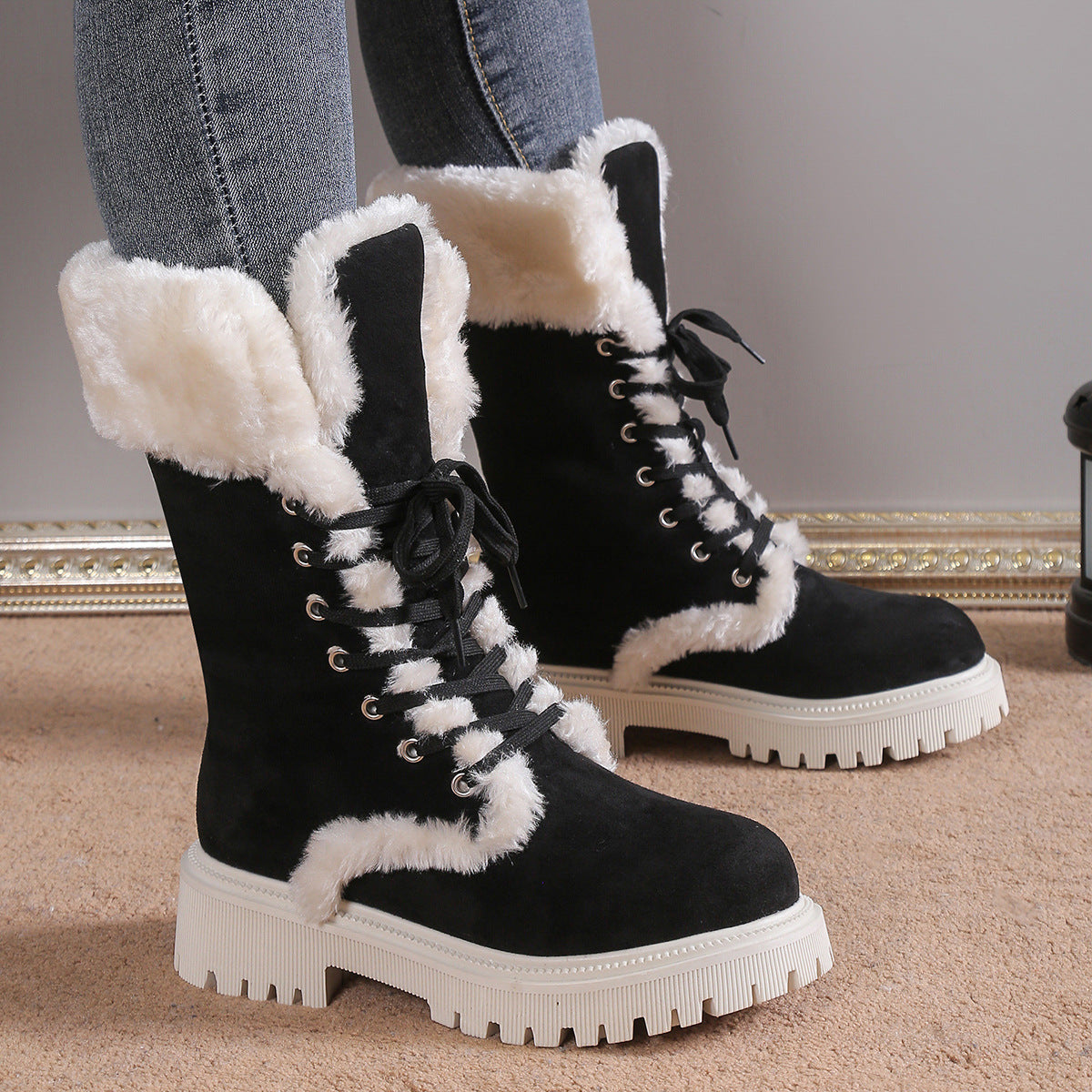 Bootara Winter New Women's Velvet Mid-Tube Cotton Boots with Thickened Lining and Height-Enhancing Design