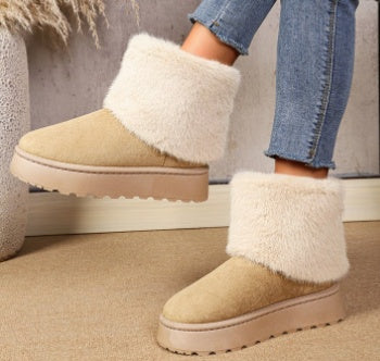 Women's fold over furry cuff platform suede snow boots