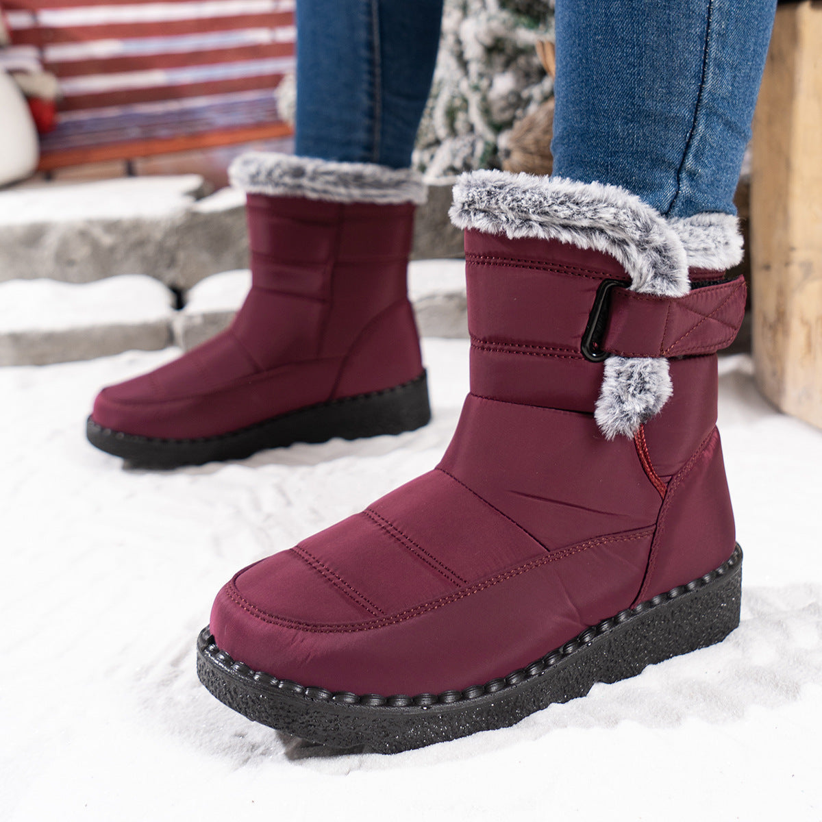 Bootara Women's Mira Waterproof Snow Boots – Plush Faux Fur Cuff with Easy Hook-and-Loop Strap & Lug Sole (US 5–11.5)