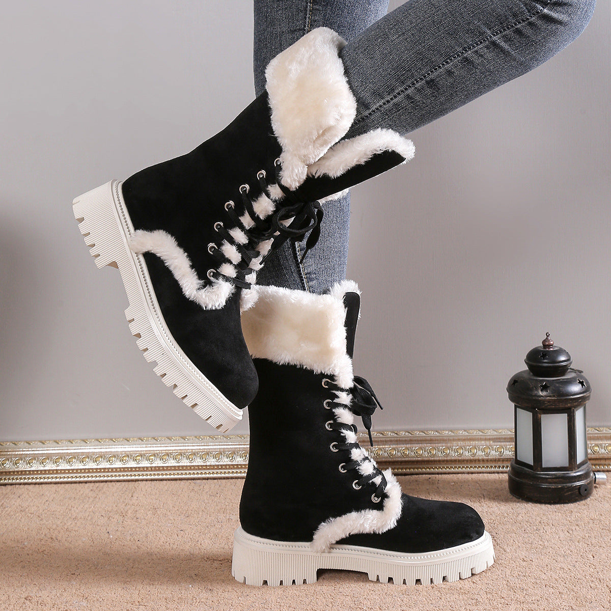 Bootara Winter New Women's Velvet Mid-Tube Cotton Boots with Thickened Lining and Height-Enhancing Design