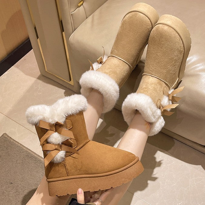 Bootara Women's Bow-Knit Cozy Winter Boots - Shearling Lined Chunky Platform Snow Boots (US 5-9.5)