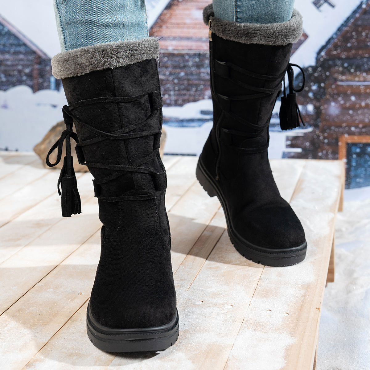 Bootara Women's Marlowe Fleece-Lined Mid-Calf Snow Boots – Lace-Up Winter Boots with Side Zip & Faux Fur Trim (US 5–10.5)