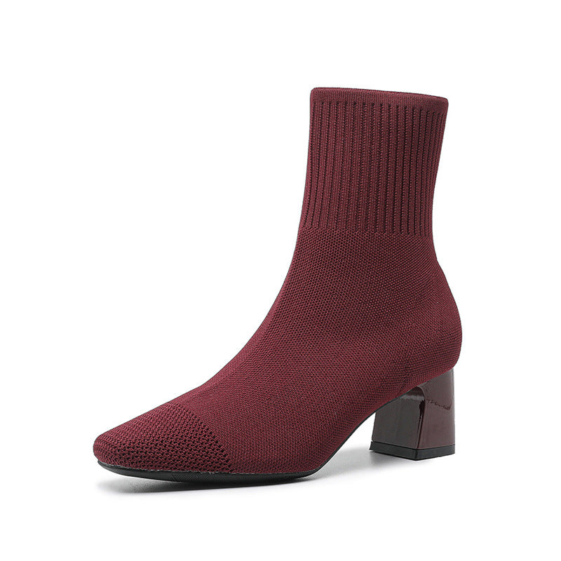 Women's stretch knit mid-calf sock boots with chunky heel