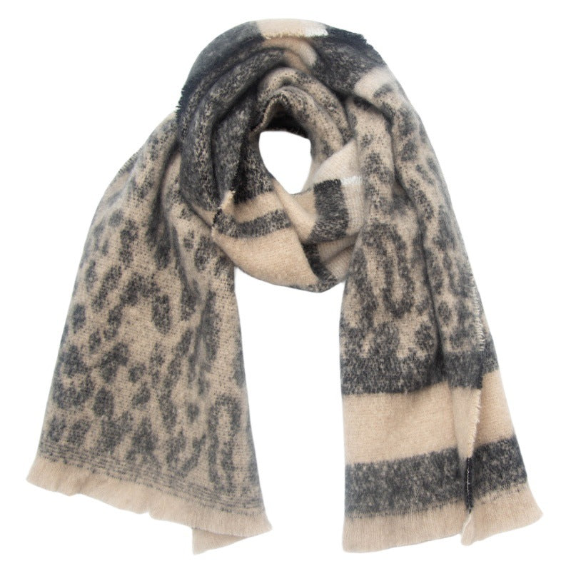 Leopard Panel Striped Fringed Blanket Scarf