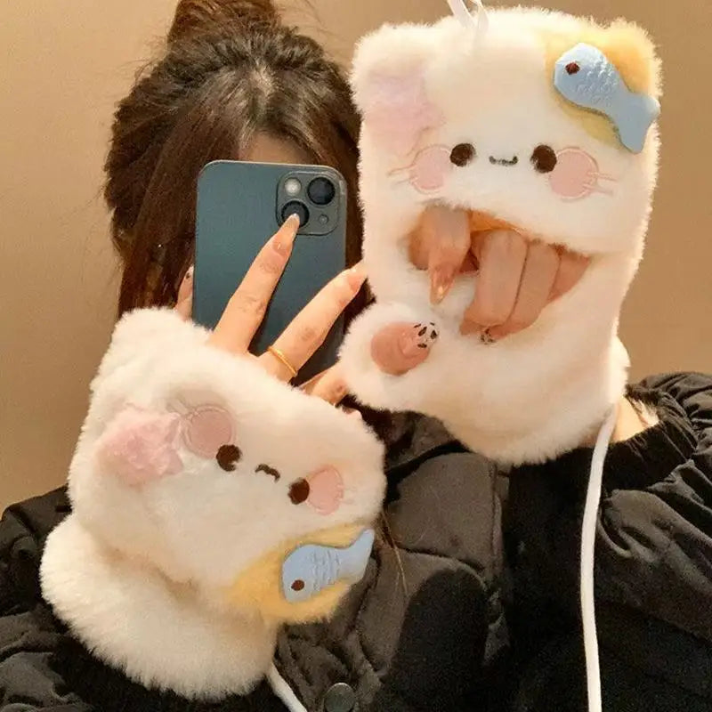 Cat Plush Flip-Cover Gloves for Women | Touchscreen Winter
