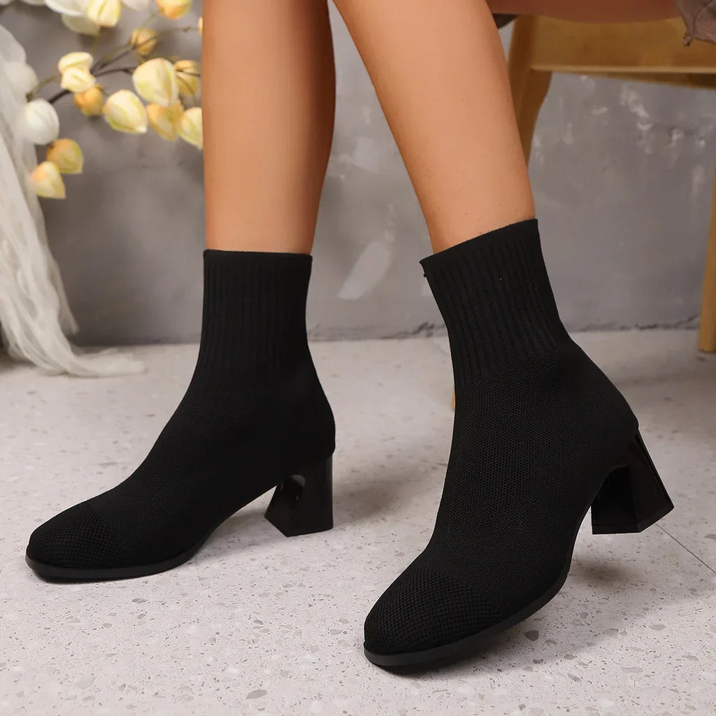 Knitted Sock Ankle Boots with Square Heels