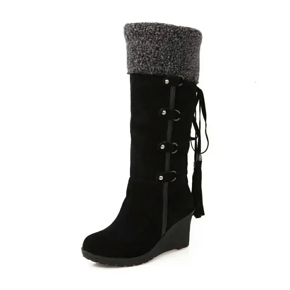 Women's knee-high wedge boots with plush cuffs and tassels