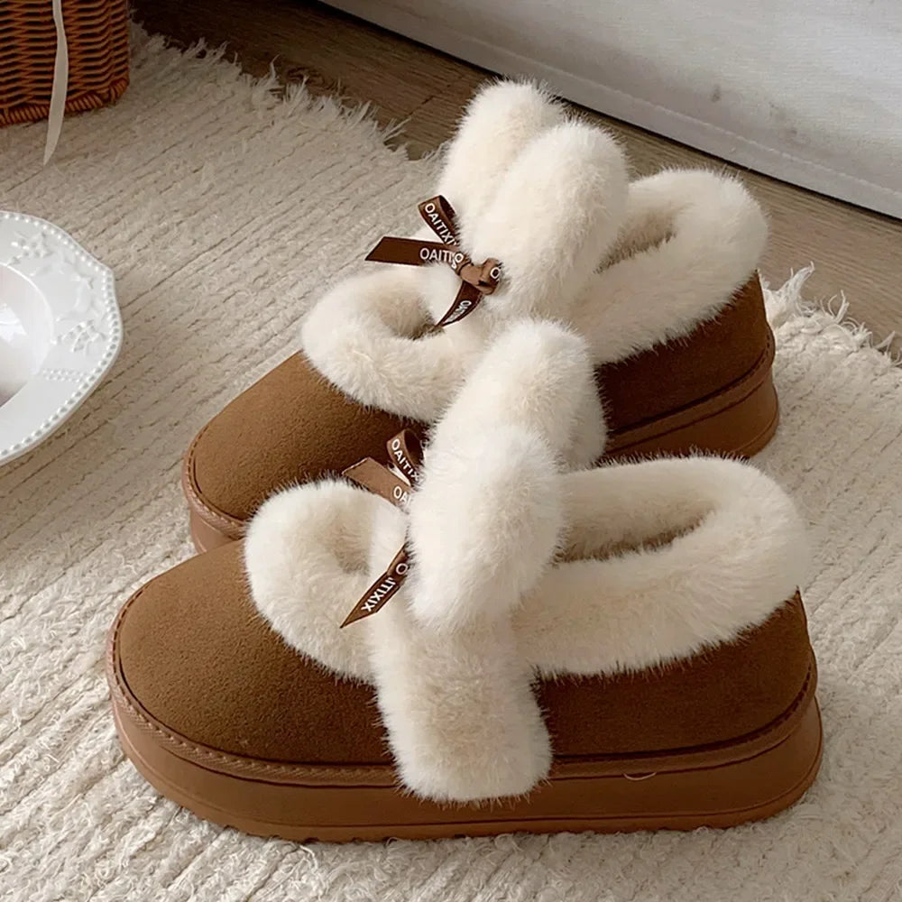 Women's Bowknot Snow Boots - Thick Platform Ankle Boots, Fur Warm