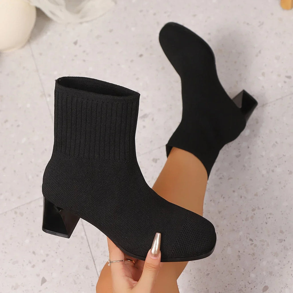 Knitted Sock Ankle Boots with Square Heels