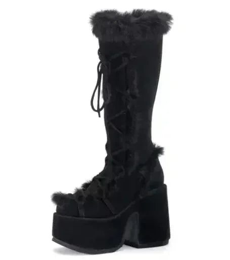 Women's mid-calf lace-up wedge boots with faux-fur trim