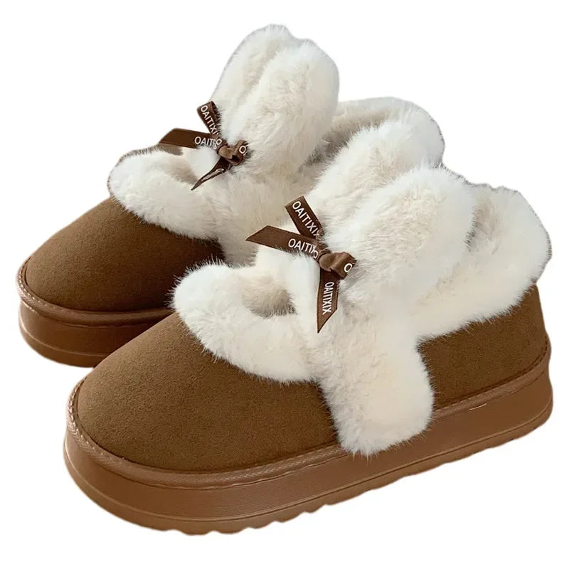 Women's Bowknot Snow Boots - Thick Platform Ankle Boots, Fur Warm