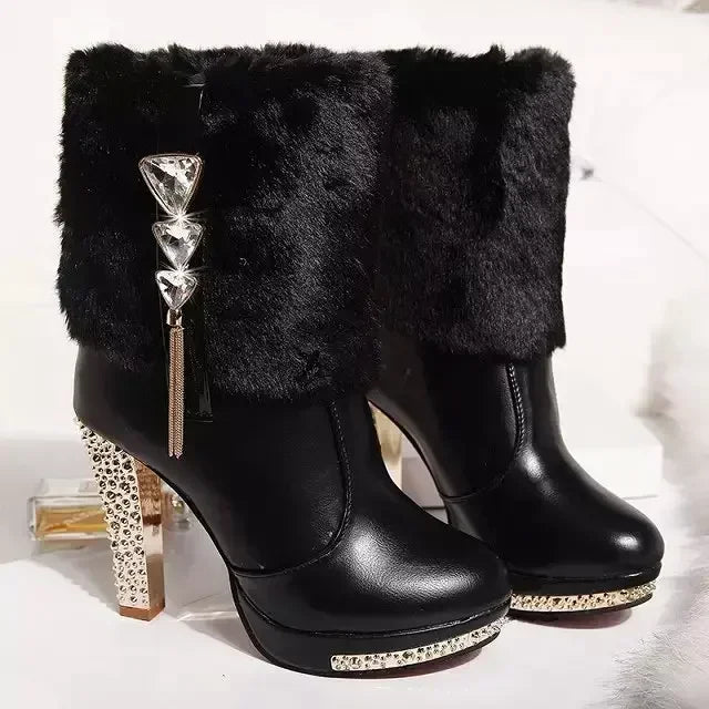 Women's platform ankle boots with faux-fur cuffs and jeweled heels