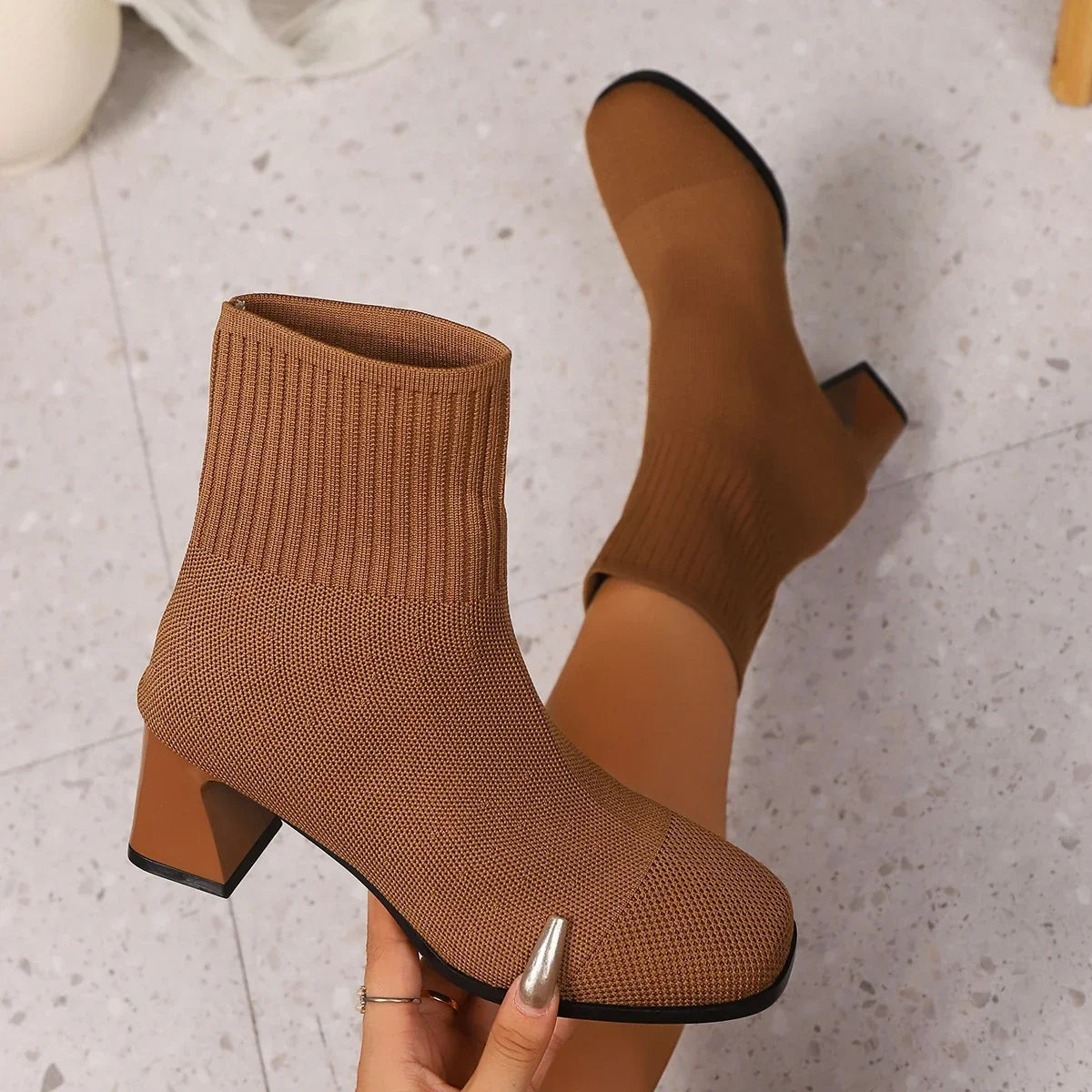 Knitted Sock Ankle Boots with Square Heels