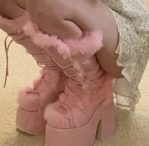 Women's mid-calf lace-up wedge boots with faux-fur trim