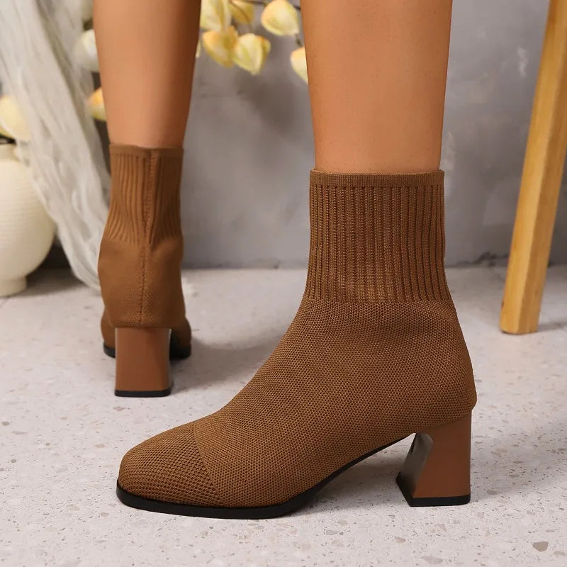 Knitted Sock Ankle Boots with Square Heels