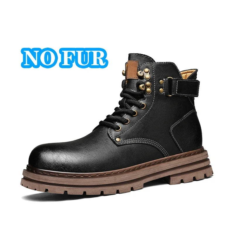 Men's Genuine Leather Snow Boots - Plush-Lined Ankle Boots