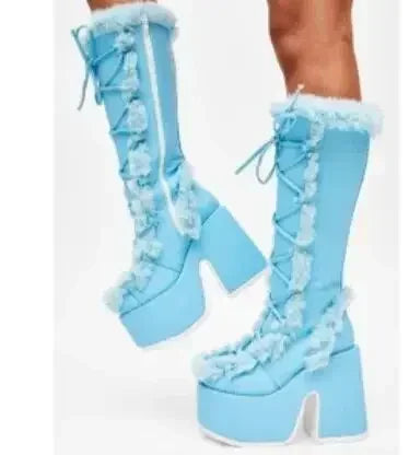 Women's mid-calf lace-up wedge boots with faux-fur trim