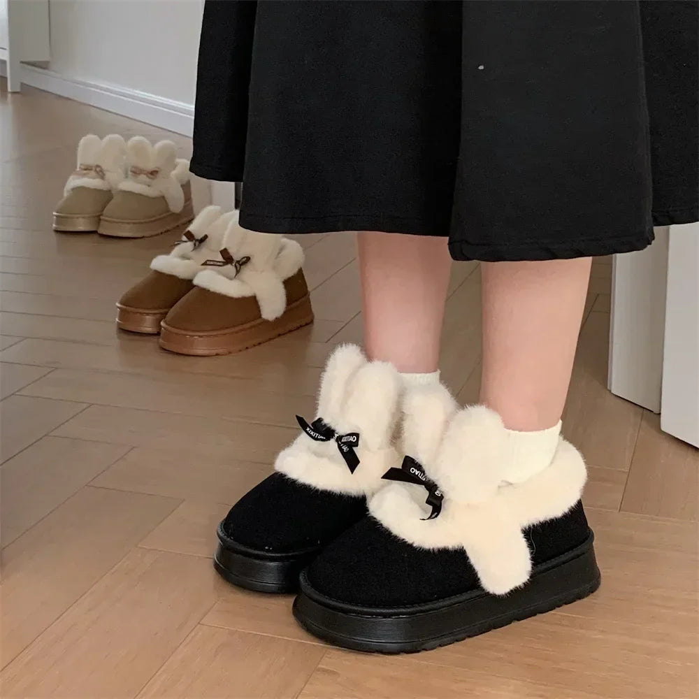 Women's Bowknot Snow Boots - Thick Platform Ankle Boots, Fur Warm