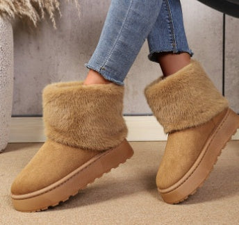 Women's fold over furry cuff platform suede snow boots
